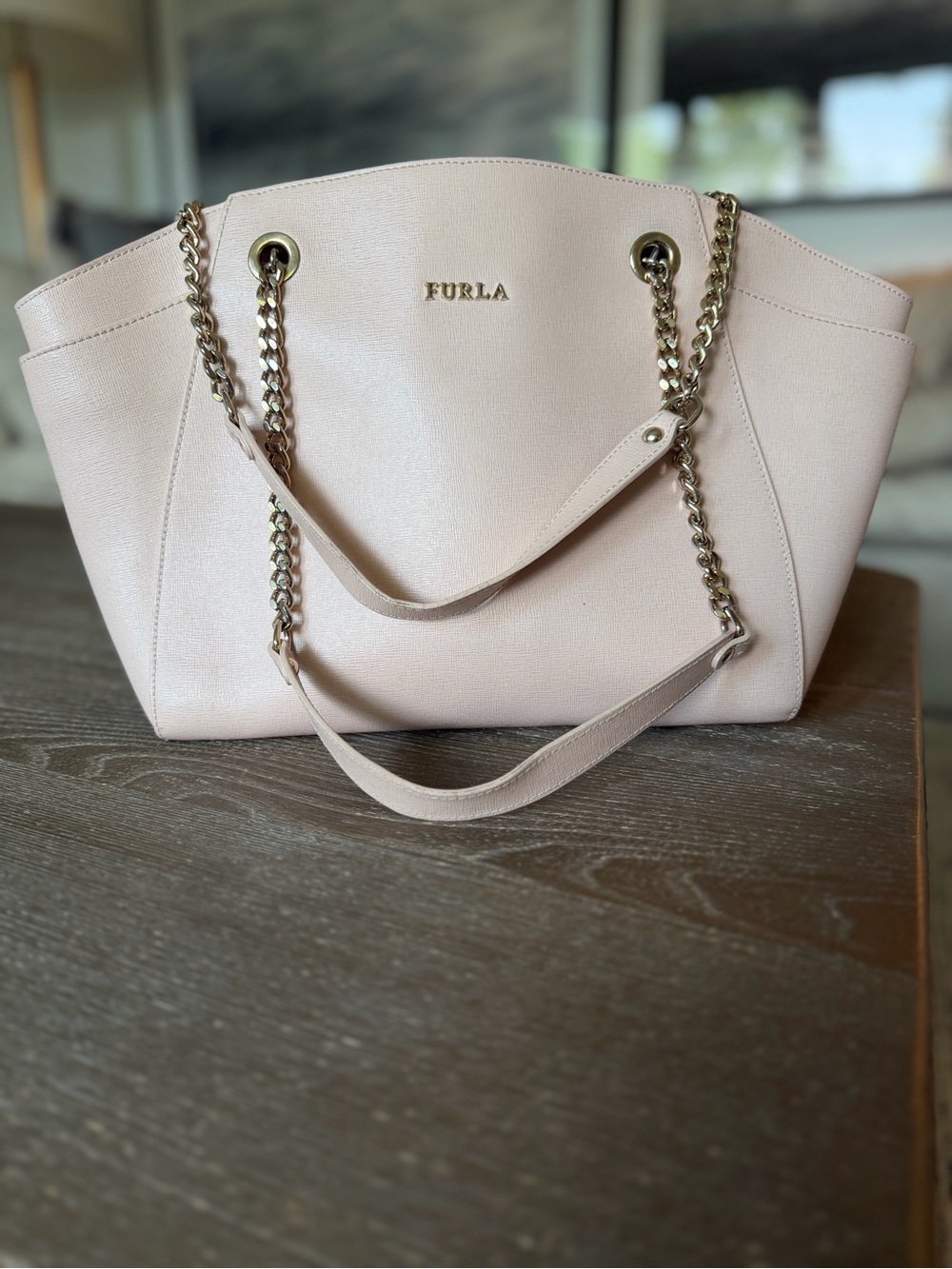 Furla Julia Medium Saffiano Leather Chain Bag in Blush Pink / Winter Rose
